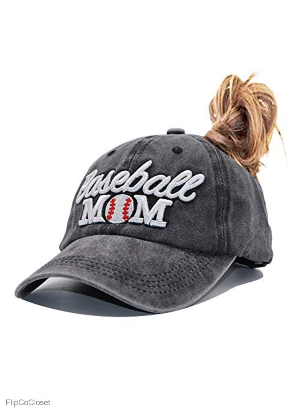 Baseball Mom Distressed Cotton Adjustable Cap with Ponytail Hole